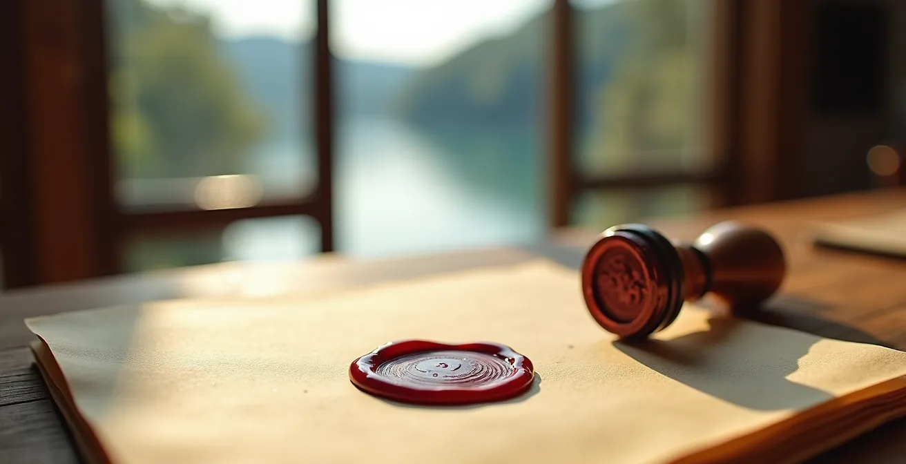 Vue macro d'un document notarié avec un sceau officiel posé sur une table en bois avec vue floue d'un lac en arrière-plan