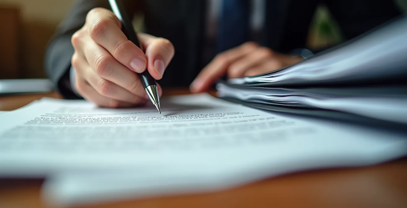 Administrateur de copropriété examinant des documents juridiques avec concentration