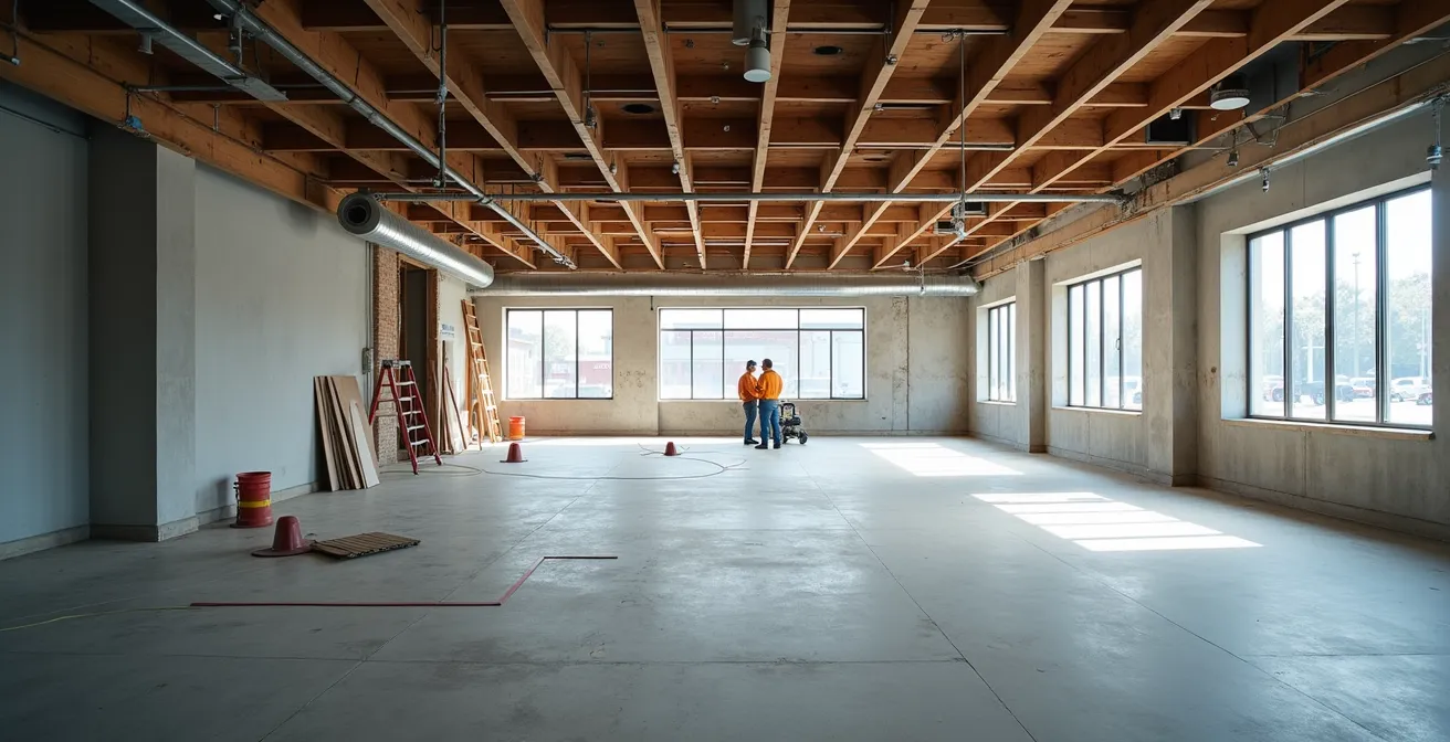 Chantier de rénovation d'un local commercial avec ouvriers et matériaux