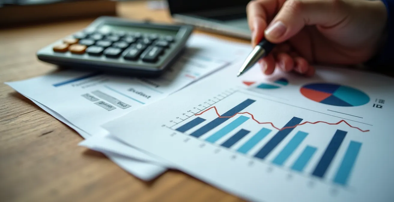 Bureau avec documents d'analyse immobilière et graphiques abstraits représentant l'analyse comparative du marché