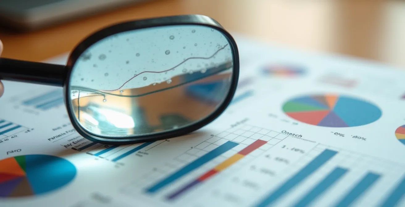 Analyse minutieuse de documents financiers de copropriété avec une loupe, mettant en évidence des graphiques et des chiffres abstraits.