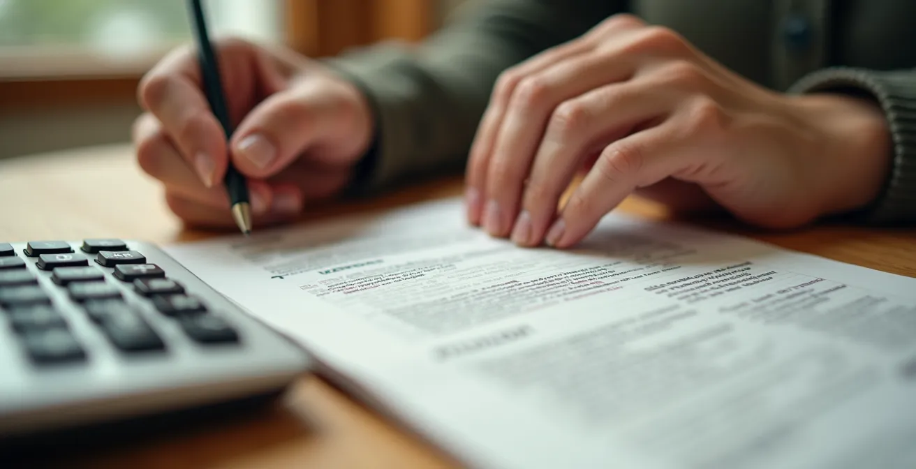 Gros plan sur des mains analysant des documents financiers avec calculatrice