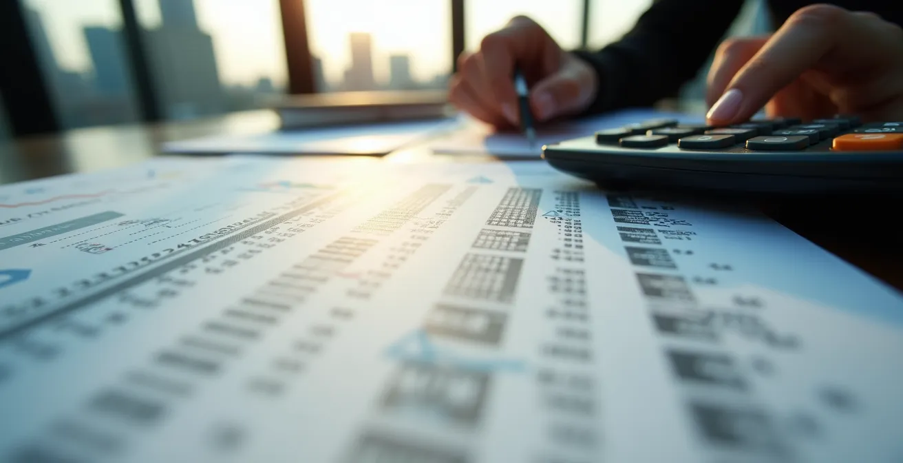 Gros plan sur des documents financiers de copropriété avec calculatrice et graphiques montrant l'évolution des frais