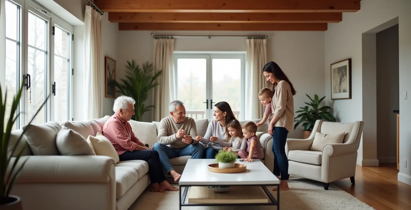 Arbre généalogique stylisé montrant les liens familiaux éligibles à l'exemption de la taxe de bienvenue au Québec.