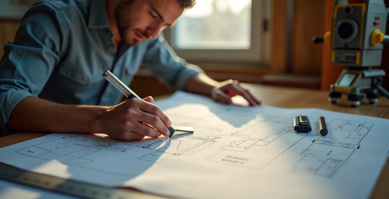 Arpenteur-géomètre analysant des plans d'immeuble avec instruments de mesure professionnels