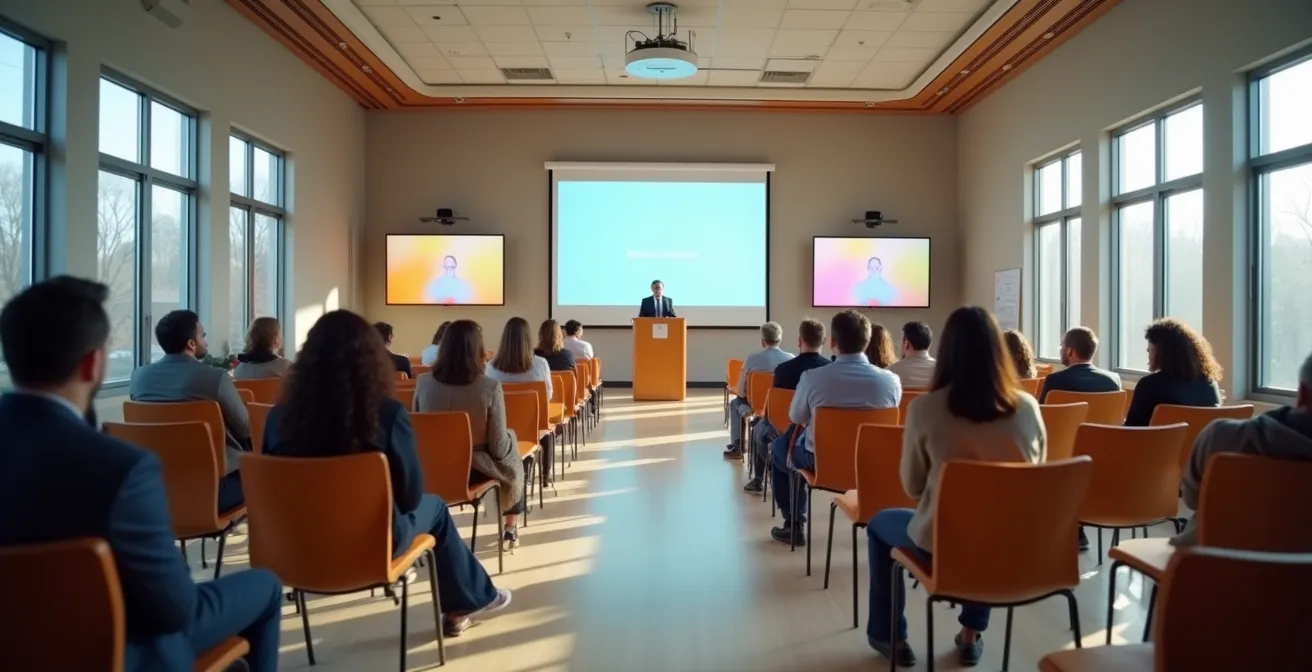 Assemblée générale de copropriétaires avec participation hybride, montrant des personnes présentes et des écrans pour les participants virtuels