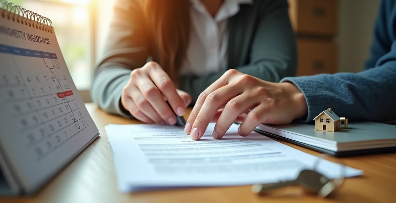 Bureau avec documents d'assurance, calendrier marqué et certificat d'enregistrement