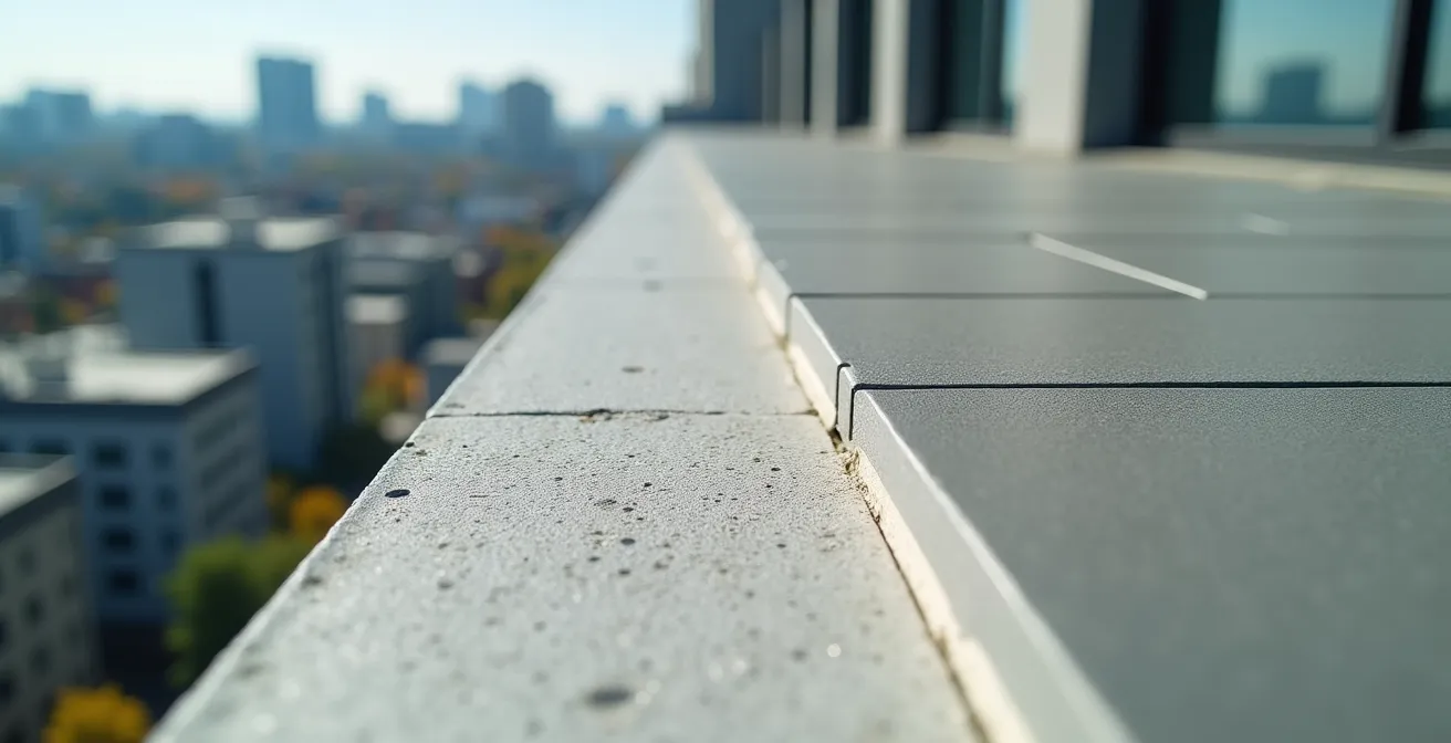 Vue détaillée d'un balcon de copropriété montrant la distinction entre les éléments structurels et le revêtement