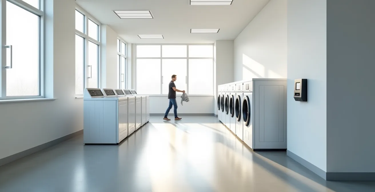 Salle de buanderie moderne d'immeuble avec système de paiement électronique