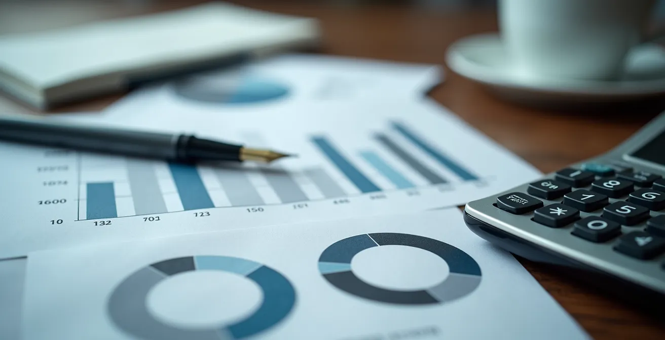 Bureau avec documents financiers et calculatrice pour analyse immobilière