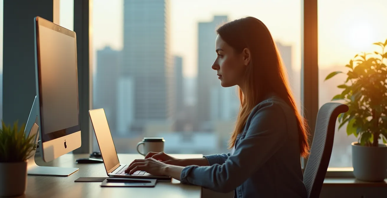 Espace bureau aménagé dans un appartement moderne avec vue sur la ville