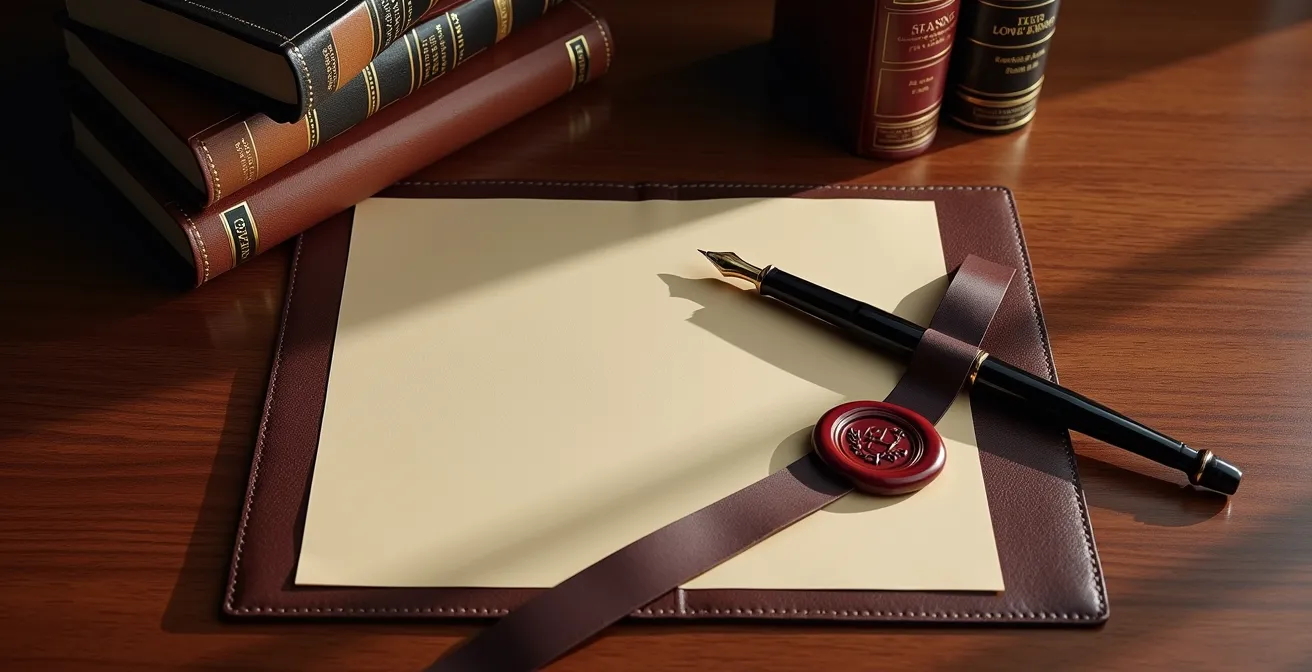 Bureau de notaire québécois avec documents officiels et stylo plume, ambiance professionnelle chaleureuse