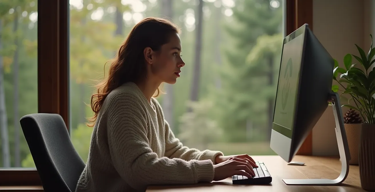Espace bureau moderne dans un chalet québécois avec vue sur la forêt