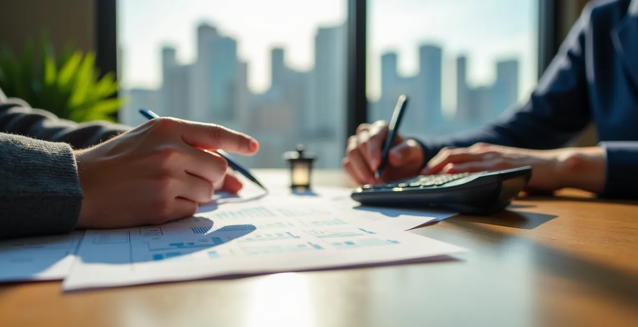 Calculs d'amortissement et documents fiscaux sur un bureau avec vue sur Montréal