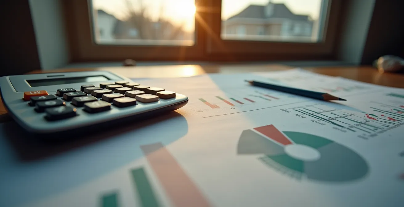Gros plan sur une calculatrice et des documents financiers avec des graphiques représentant les variations de loyer