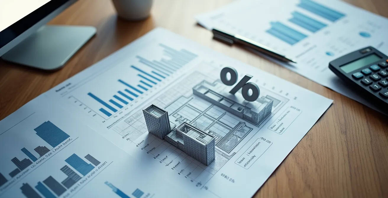Bureau avec calculatrice, documents financiers et plans d'immeuble pour calcul de financement