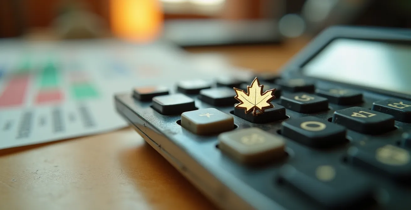 Bureau avec calculatrice affichant des montants et papiers administratifs flous