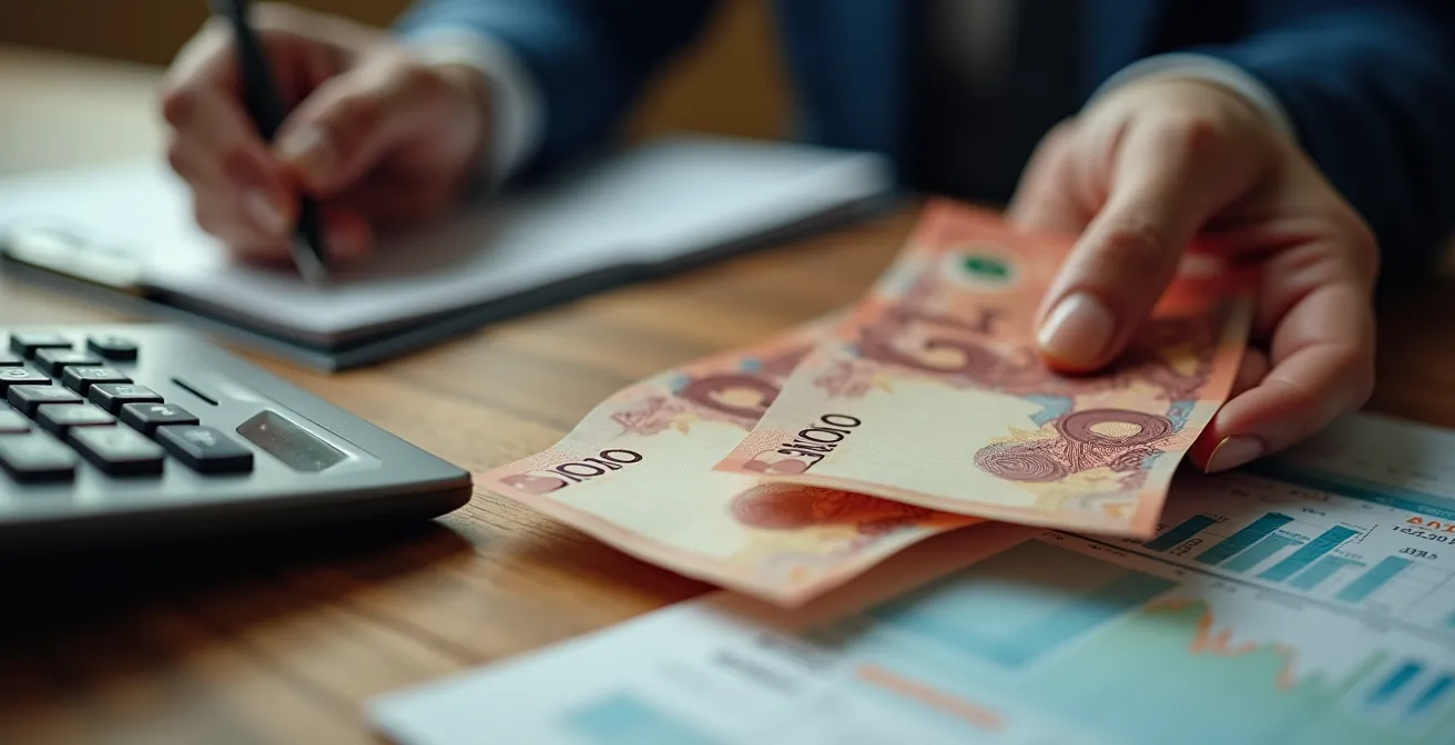 Mains tenant des billets canadiens et une calculatrice sur un bureau avec graphiques financiers flous