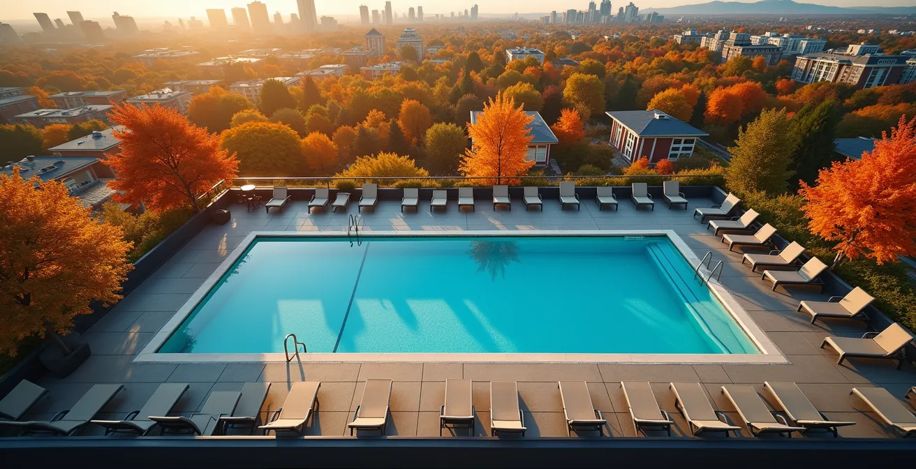 Vue aérienne d'une piscine vide sur le toit d'un condo de Montréal en automne, illustrant la sous-utilisation saisonnière.