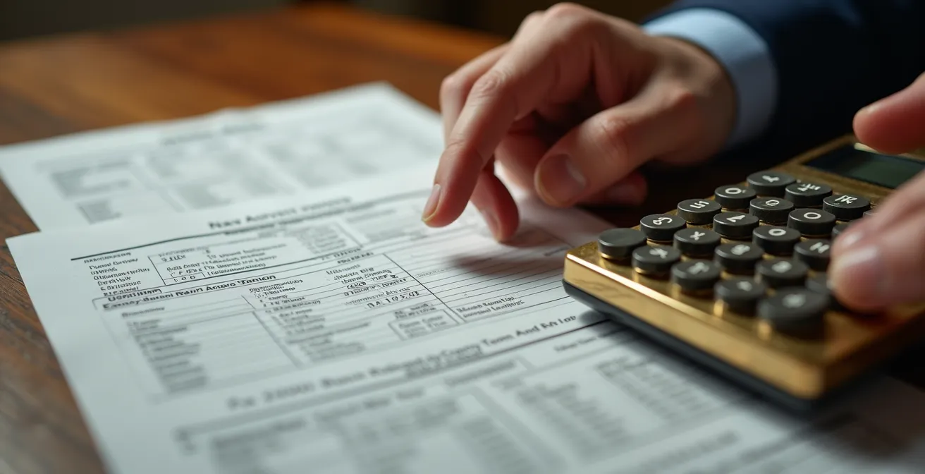 Gros plan des mains d'un notaire travaillant avec une calculatrice et des documents fiscaux sur un bureau en bois