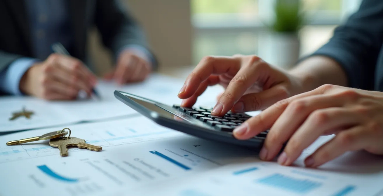Mains tenant une calculatrice devant des documents financiers flous