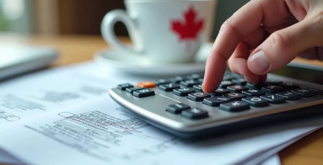 Calculatrice et documents financiers sur bureau de propriétaire immobilier québécois