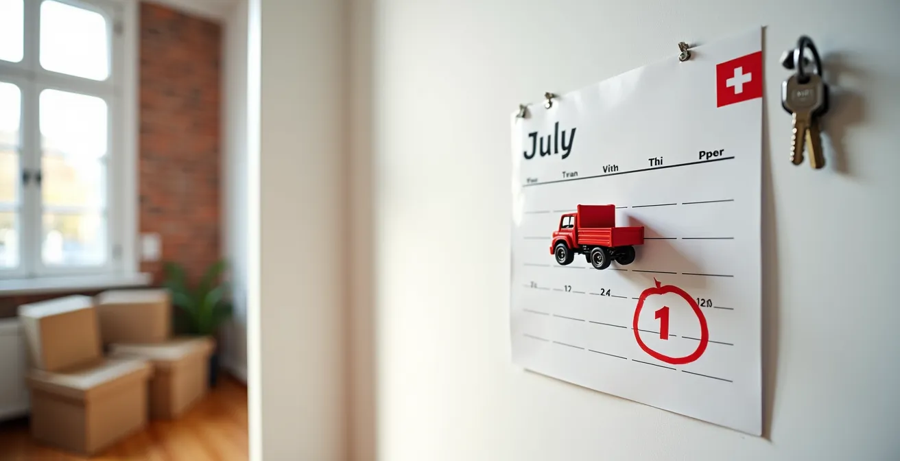 Calendrier mural québécois montrant le 1er juillet entouré avec camion de déménagement miniature posé dessus