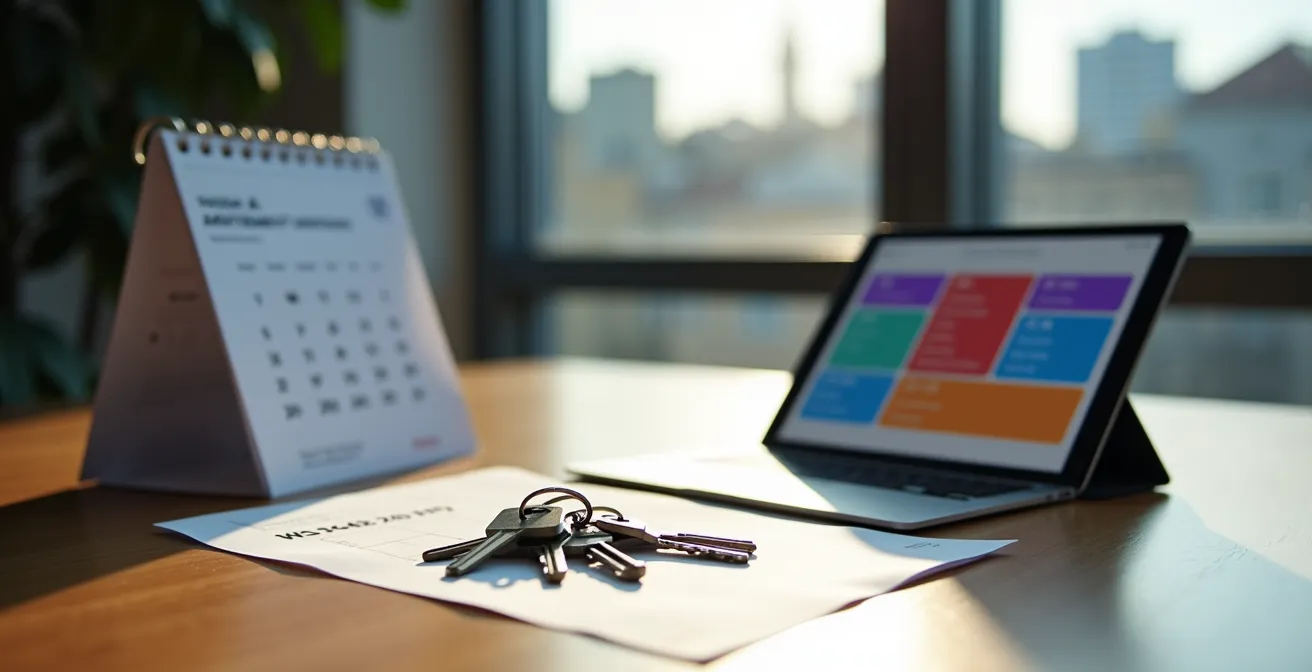 Bureau avec calendrier universitaire et clés d'appartements montrant les périodes de location étudiante