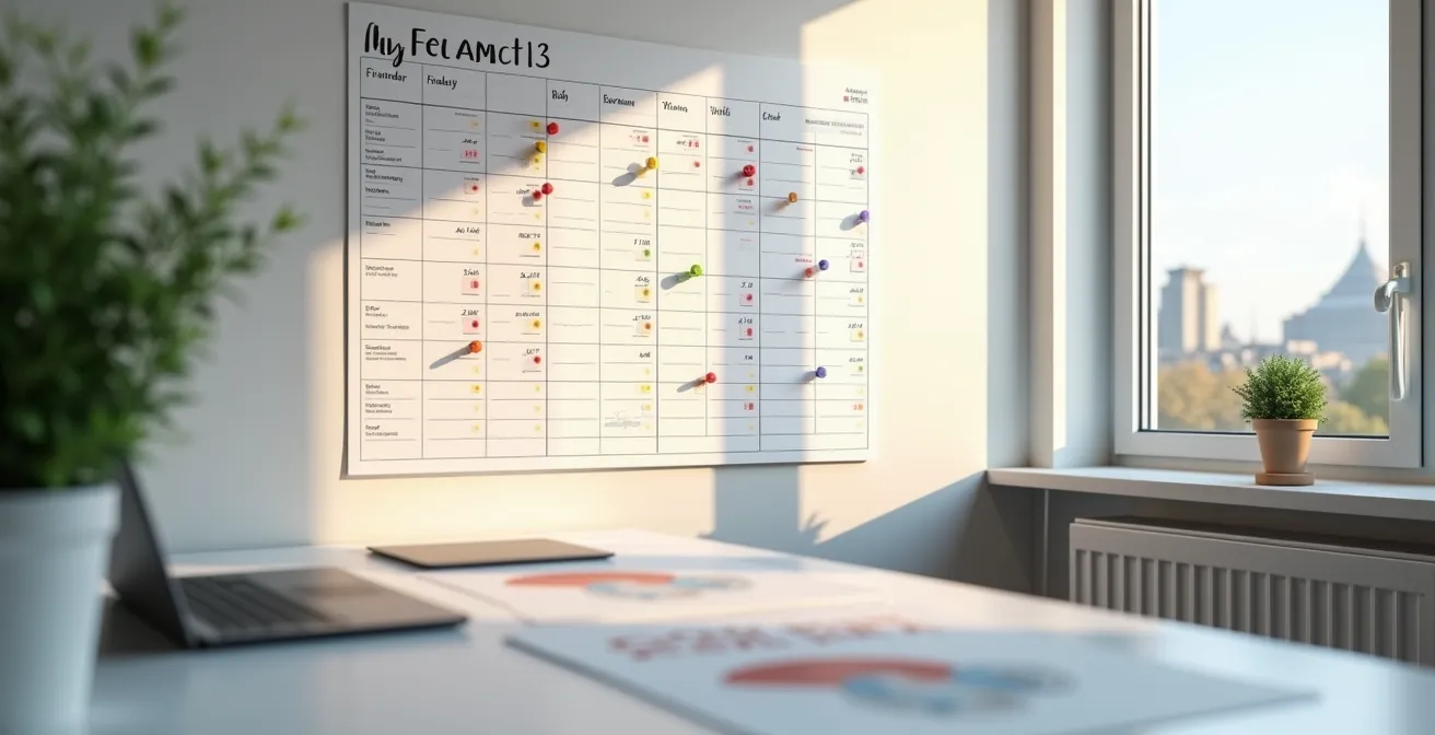 Bureau avec calendrier mural montrant les dates importantes de paiement des taxes à Montréal