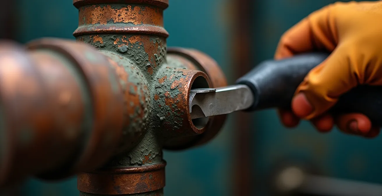 Inspection professionnelle de plomberie dans un immeuble de condos avec documentation numérique de l'état des installations