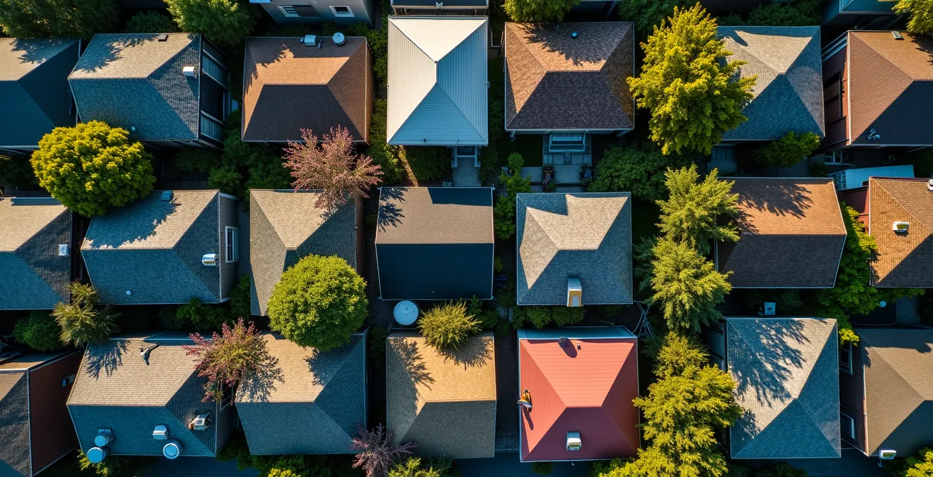 Vue aérienne d'un quartier montréalais avec différentes intensités de couleur représentant la densité des inscriptions immobilières