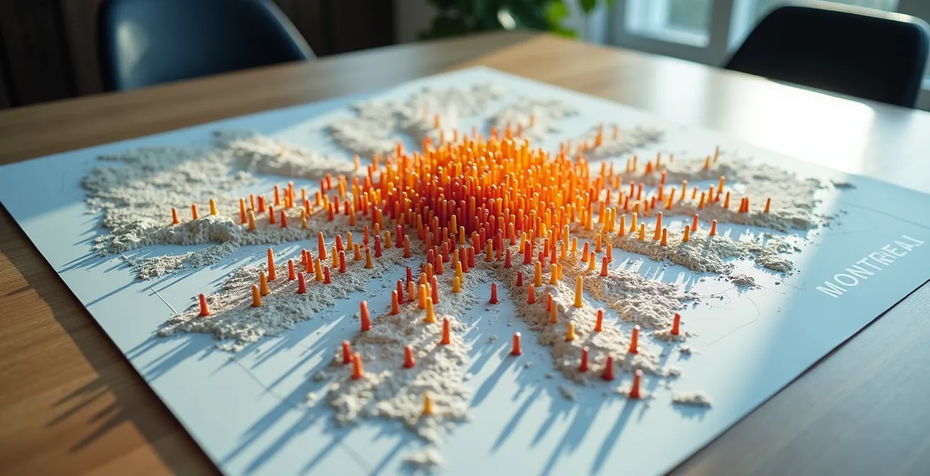 Carte thermique montrant les zones de débordement immobilier autour de Montréal avec gradients de couleurs