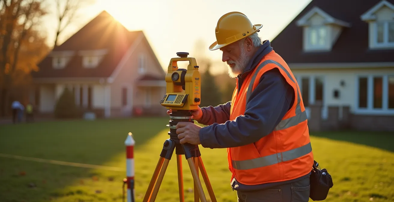 Matériel d'arpenteur-géomètre sur terrain résidentiel québécois