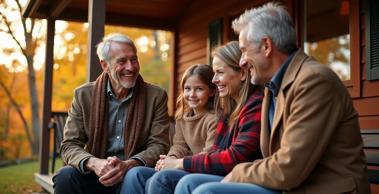 Portrait intimiste d'une famille multigénérationnelle réunie sur le porche d'un chalet traditionnel québécois en automne