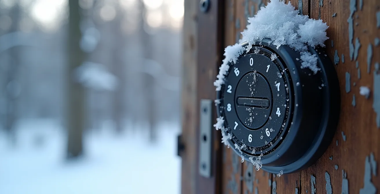 Entrée de chalet québécois en hiver avec système d'accès moderne et accumulation de neige