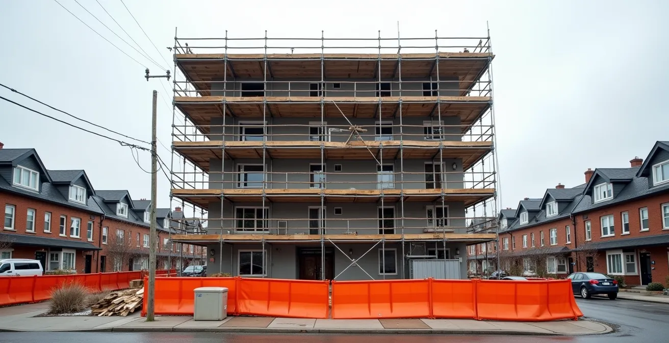 Chantier de rénovation d'immeuble résidentiel avec barrières de sécurité à Montréal