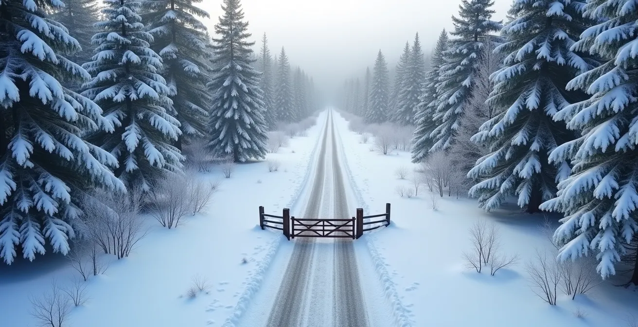 Chemin forestier enneigé avec traces de déneigeuse entre sapins givrés dans les Laurentides