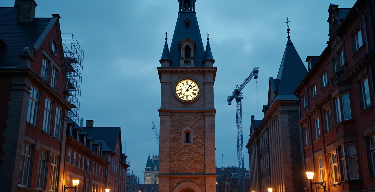 Horloge architecturale montrant les phases d'impact des taux sur le marché immobilier québécois.