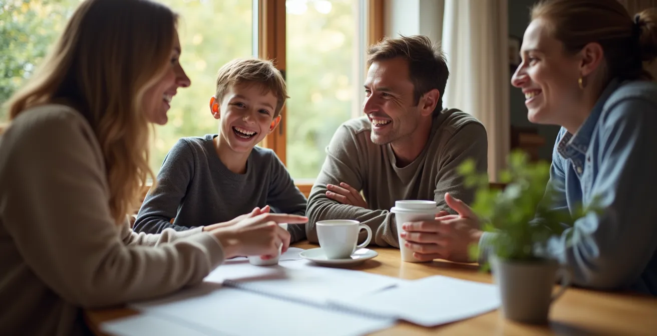 Famille discutant ensemble autour d'une table avec des documents immobiliers et du café, symbolisant la collaboration dans la recherche de propriété.