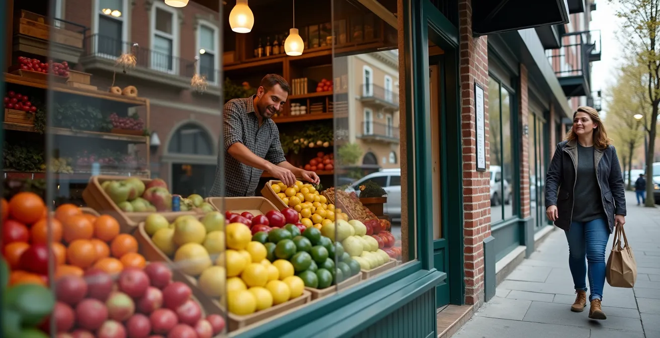 Vitrine accueillante d'un commerce de proximité au rez-de-chaussée d'un immeuble résidentiel