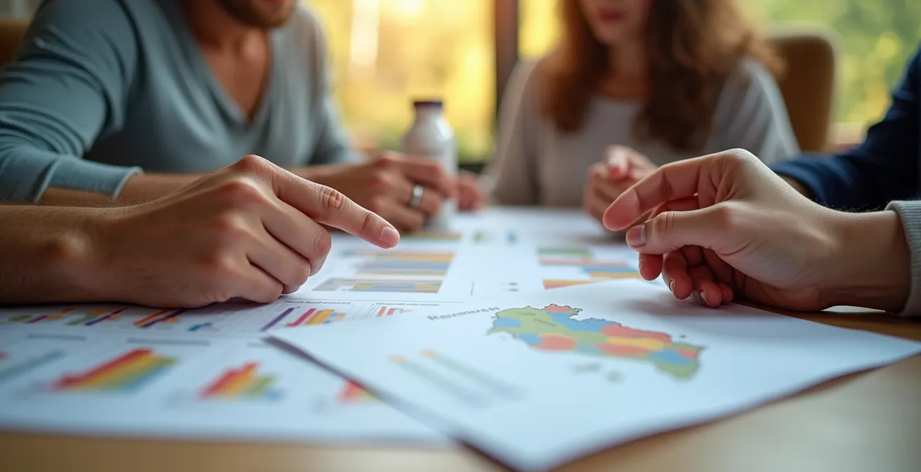 Parents examinant des documents scolaires avec carte du Québec en arrière-plan