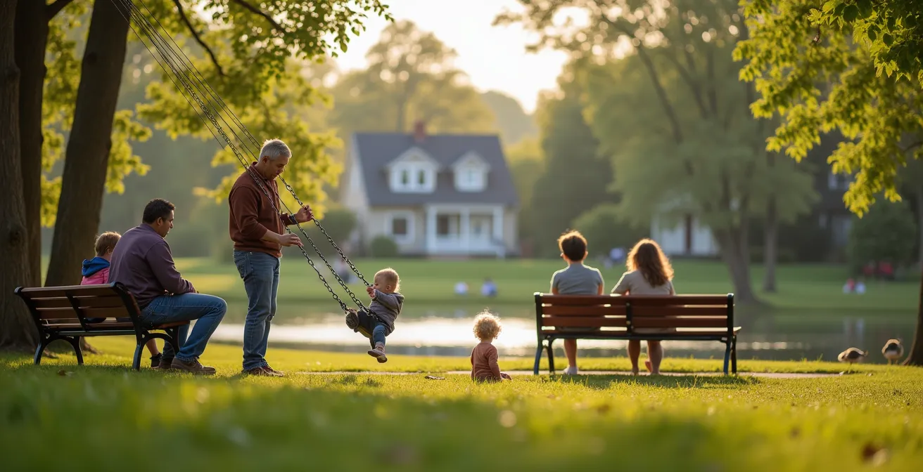 Familles profitant des parcs et espaces verts dans les banlieues de Montréal