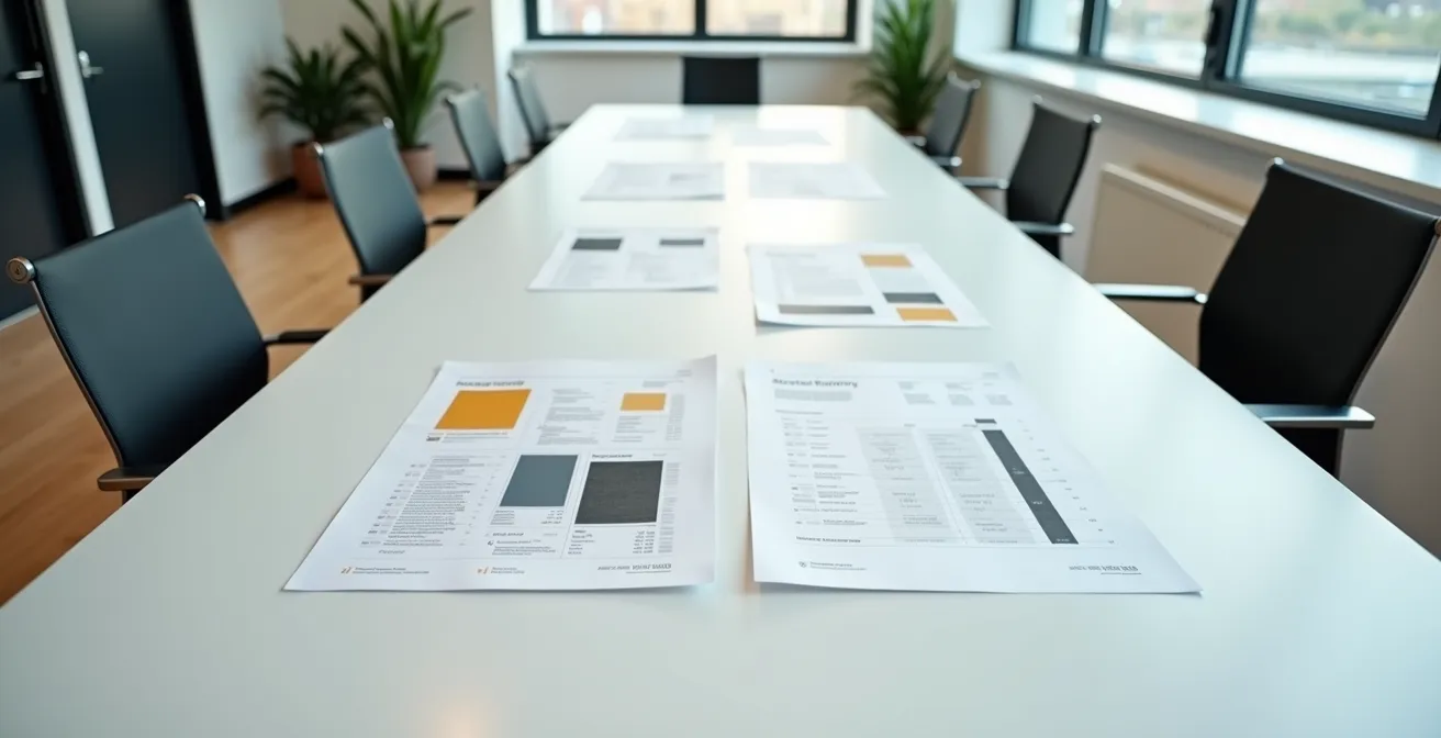 Vue aérienne minimaliste d'un bureau avec documents financiers disposés symétriquement