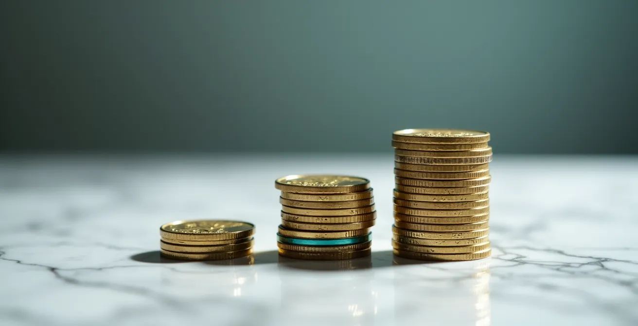 Trois colonnes de pièces de monnaie canadiennes de hauteurs différentes symbolisant les options de mise de fonds REER, CELIAPP et don familial