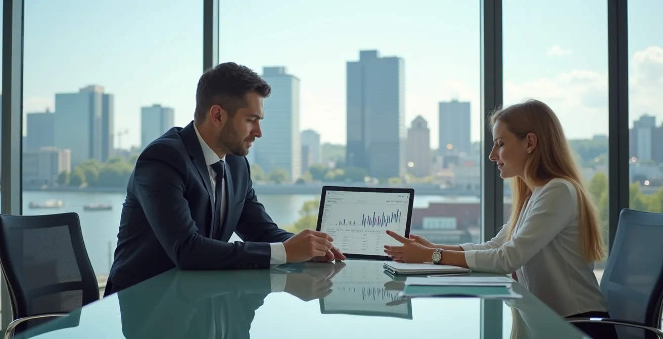 Courtier hypothécaire analysant différents taux sur tablette avec client