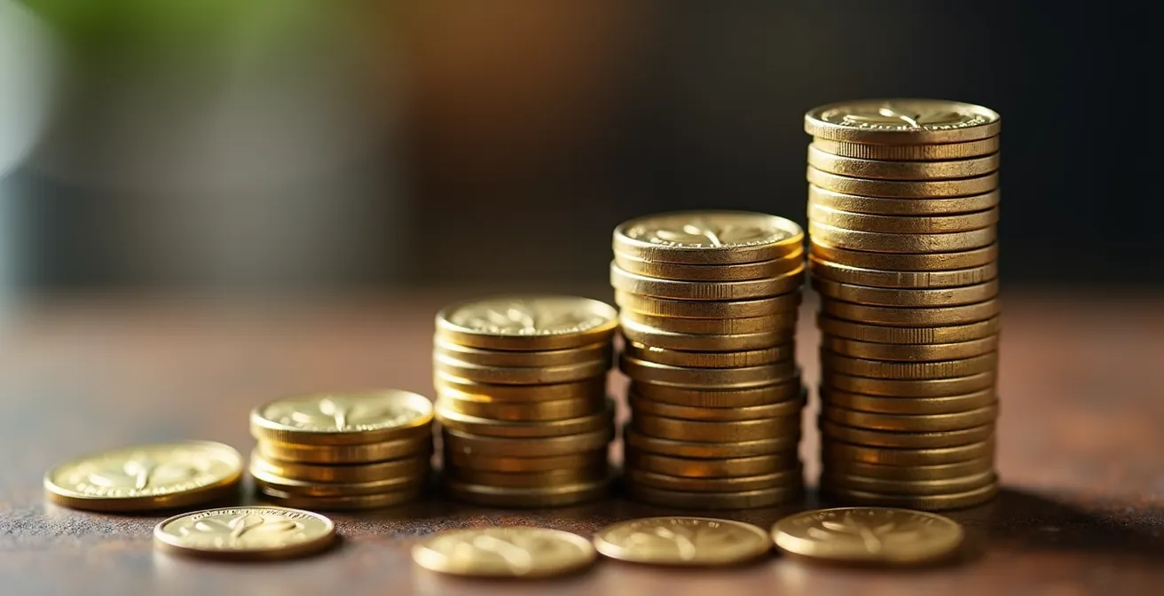 Vue macro de pièces de monnaie canadiennes empilées avec arrière-plan flou de bâtiments