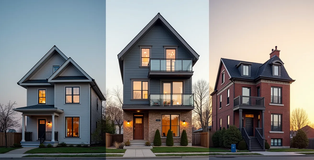 Composition photographique montrant trois types d'habitations québécoises côte à côte avec leurs caractéristiques distinctes