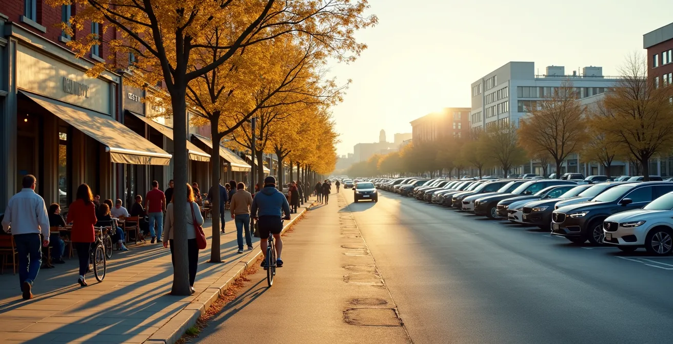Scène de rue montréalaise animée avec terrasses et piétons contrastant avec un stationnement de centre commercial en périphérie