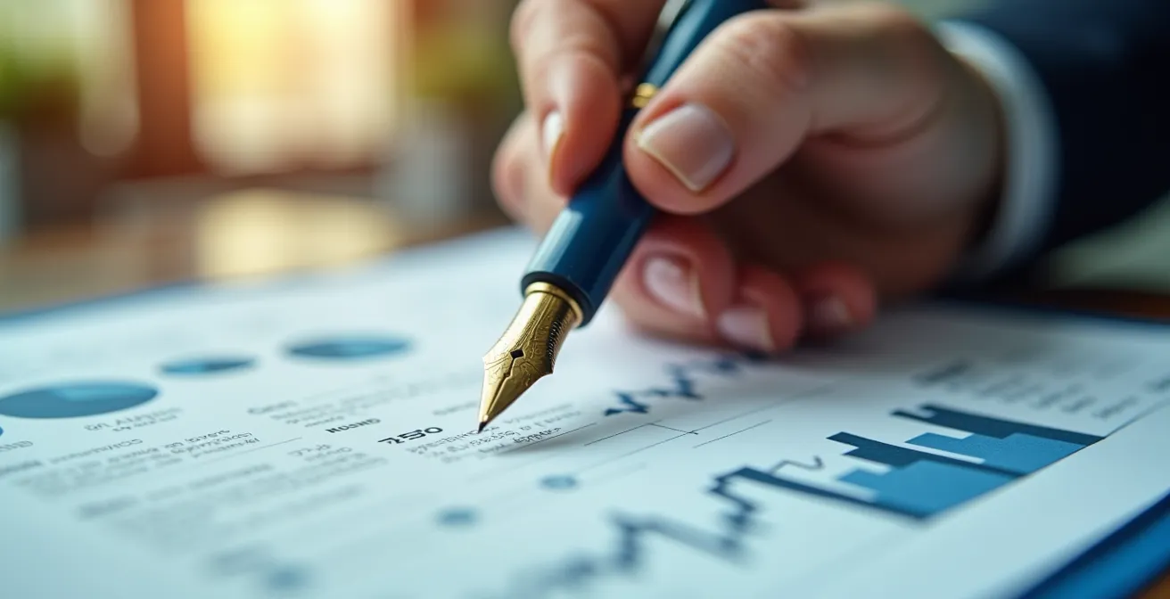 Gros plan sur une main tenant un stylo au-dessus d'un contrat avec des graphiques financiers abstraits en arrière-plan