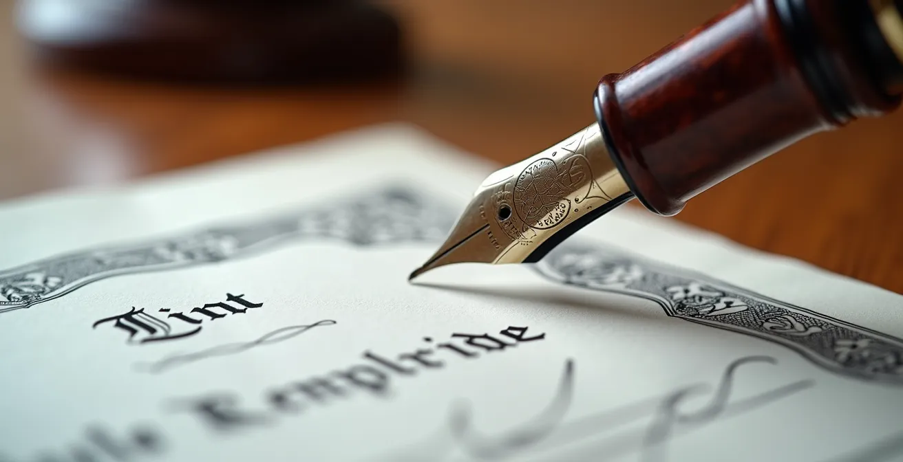 Vue rapprochée d'un document juridique avec stylo plume sur bureau en bois au Québec